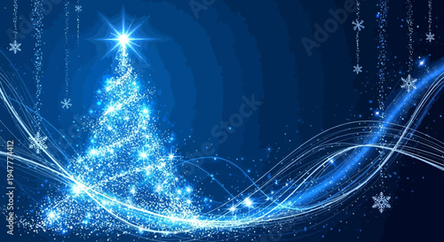 Magical Sparkling Christmas Tree with Snowflakes and Blue Lights on a Dark Background