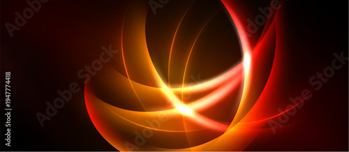 Abstract design features vibrant orange, red curves. Bright central glow creates dynamic energy, contrasting dark background. Smooth lines suggest movement.