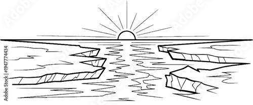 Sunrise over a fractured icy sea with reflections on the water's surface