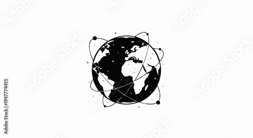 Stylized planet Earth with orbiting elements and stars