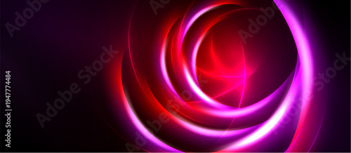 Abstract swirls, vibrant magenta, red hues dominate dark background. Dynamic energy radiates from central focal point. Smooth gradients create depth.