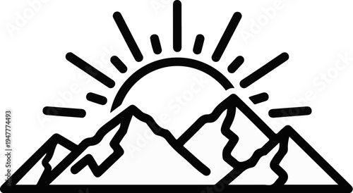 Sunrise over jagged mountain peaks in a stylized outline
