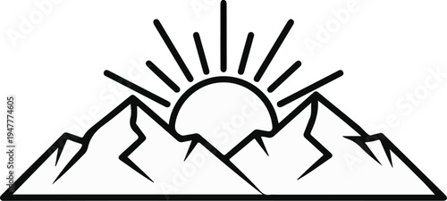 Sunrise over rugged mountains, simple black line art