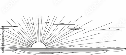 Sunrise over the ocean with rays of light and distant mountains