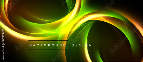 Abstract vibrant design features flowing curves, bright colors. Green, yellow, orange hues create dynamic visual effect. Modern background texture.
