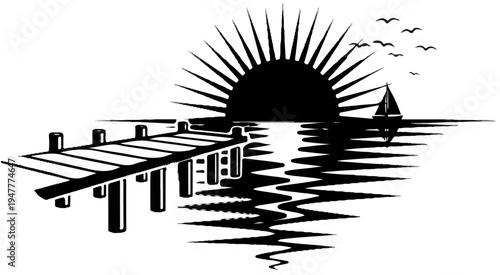 Sunset over water with pier and sailboat at sea