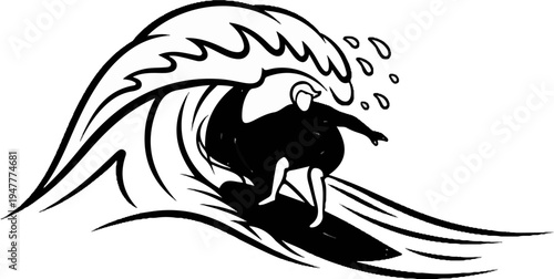 Surfer riding a large breaking wave in a stylized black and white illustration