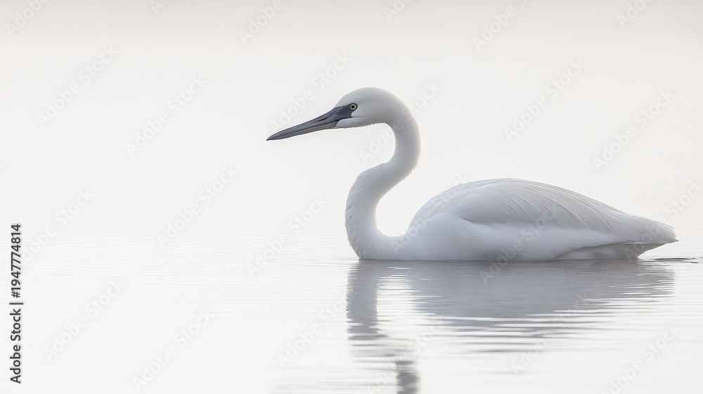 Fototapeta premium Elegant white bird glides smoothly on tranquil water, reflecting its serene silhouette in calm light
