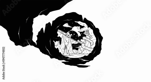 Stylized portal view into an alien landscape with planets and strange formations