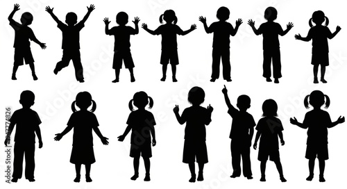 Silhouettes of Happy Children Playing.