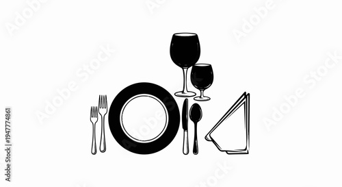 Table setting with plate, cutlery, glasses, and folded napkins