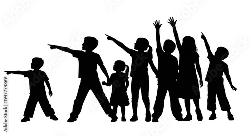Silhouettes of Happy Children Playing.