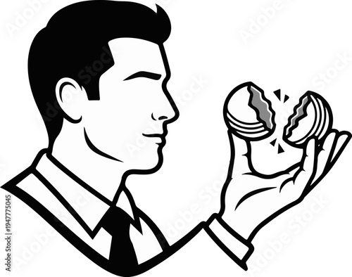 Stylized profile of a man in a suit holding a cracked egg