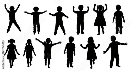 Silhouettes of happy dancing children.
