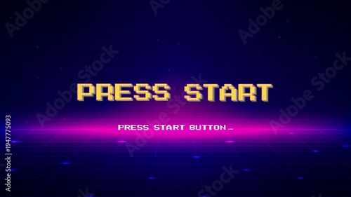 PRESS START. press start button. pixel art 8 bit. Retro Futurism Sci-Fi Background. glowing neon grid. and stars from vintage arcade computer games