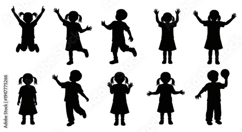 Silhouettes of happy dancing children.