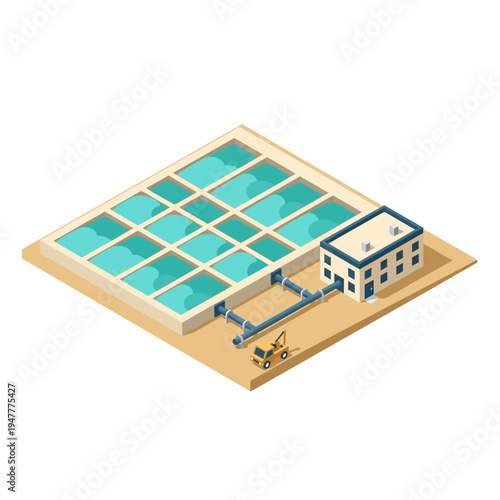 Isometric view of a modern water treatment plant with multiple filtration basins and a control building, showcasing industrial infrastructure for water purification.