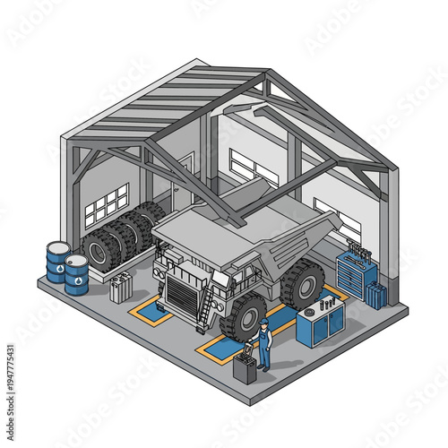 Isometric illustration of a large mining truck undergoing maintenance inside a workshop with spare tires and tools.