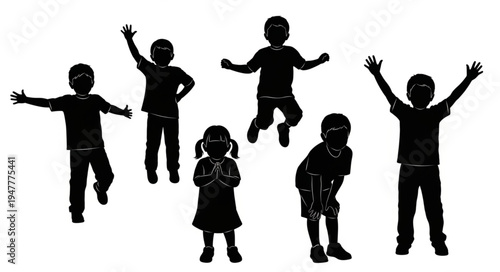 Silhouettes of happy jumping children.