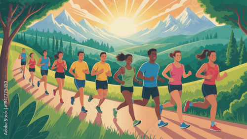 Diverse group of people jogging together on a scenic mountain trail at sunrise enjoying outdoor fitness and nature