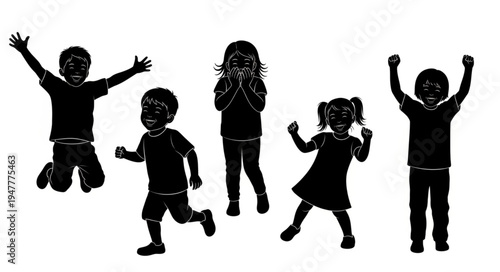 Silhouettes of happy jumping children.