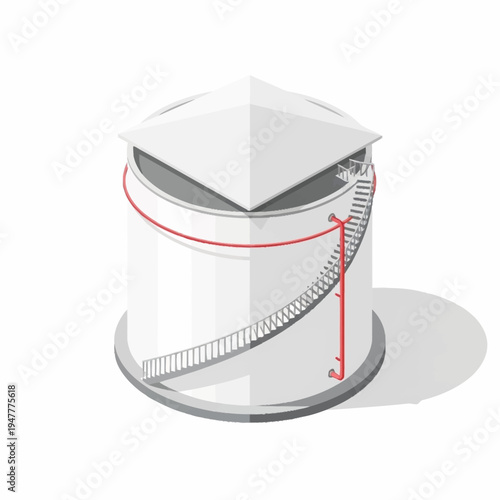 Isometric illustration of a large white storage tank with a conical roof and a ladder.