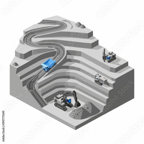 Isometric illustration of an open-pit mine with heavy machinery and a winding road.