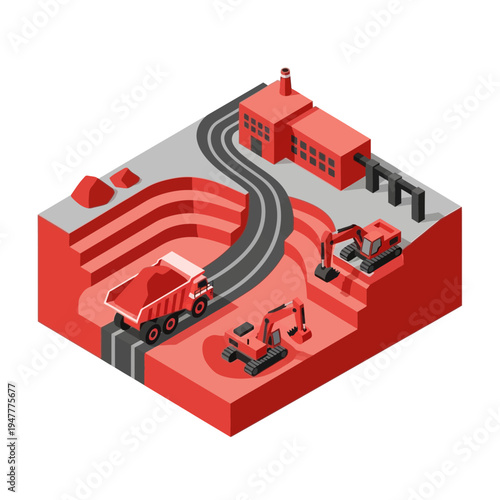 Isometric illustration of an open-pit mine with excavators, a dump truck, and a processing plant, depicting industrial extraction and material handling.