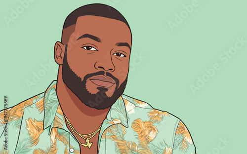 A man with a beard wears a floral shirt and gold jewelry. He stands against a plain green background with a confident expression.