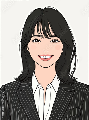 A woman with long black hair is smiling while wearing a formal striped blazer and a white shirt. She appears happy and confident.