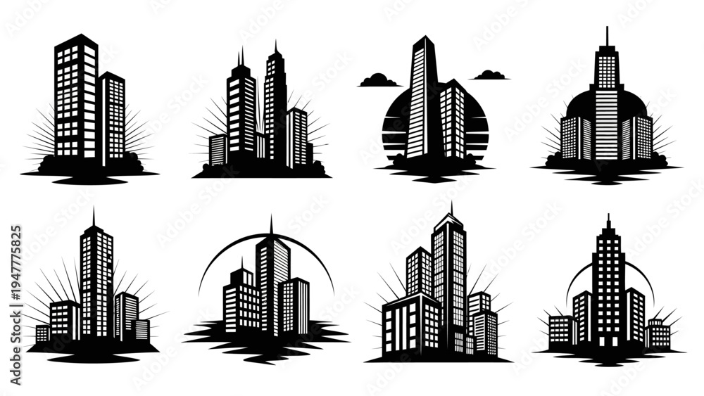 Obraz premium Set of eight modern city skyline silhouettes with radiating sunbursts, representing urban development and architecture