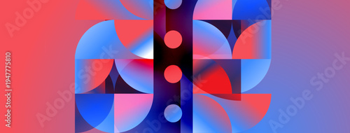 Abstract geometric composition. Red, blue hues dominate. Circles, curves create dynamic visual rhythm. Modern digital artwork.