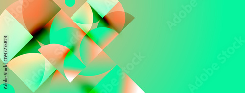 Abstract composition features overlapping circular shapes, gradients. Teal, coral hues dominate design, creating modern aesthetic.