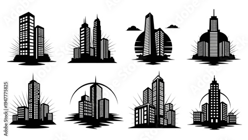 Set of eight modern city skyline silhouettes with radiating sunbursts, representing urban development and architecture