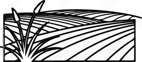 Stylized reeds and undulating fields under a curved horizon