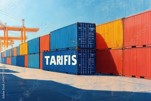 stacked colorful shipping containers at a sunlit port with cranes and long shadows, blue container with white lettering, bright orderly industrial scene conveying efficiency and calm
