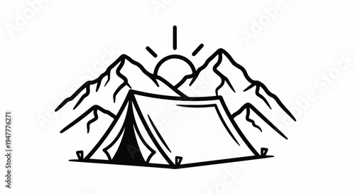 Tent under a sun rising over mountain peaks, simple line art