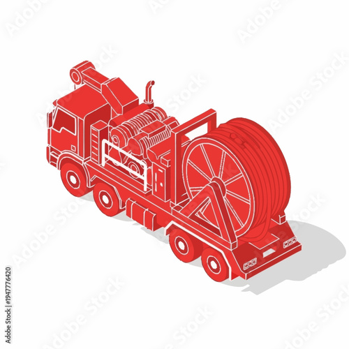 Isometric illustration of a red cable pulling truck with a large spool of cable on its back, set against a white background with a subtle shadow.