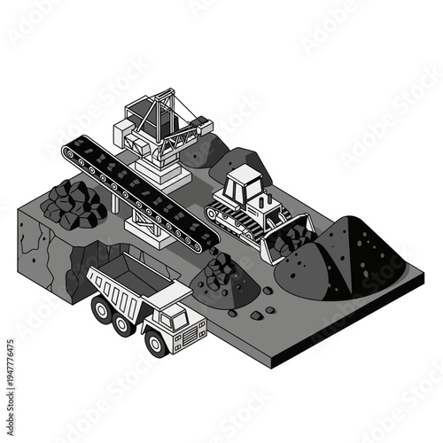 Isometric illustration of a coal mining operation with heavy machinery, including a conveyor belt, bulldozer, and dump truck, processing extracted coal.