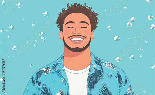 A young man laughs joyfully while wearing a colorful shirt with tropical patterns, surrounded by bubbles. He enjoys a playful moment.
