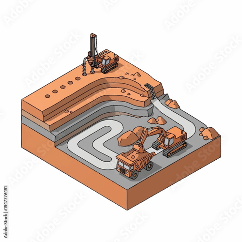 Isometric illustration of an open-pit mine with heavy machinery excavating and transporting materials.