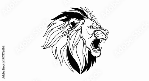 Stylized roaring lion head profile, black and white line art illustration