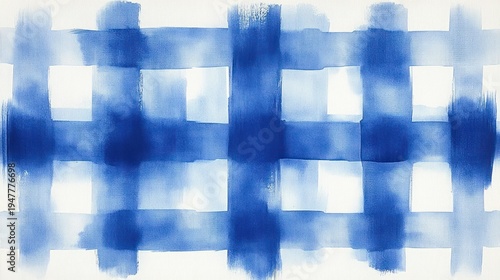 soft blue watercolor grid of intersecting horizontal and vertical brushstrokes creating a translucent plaid pattern on white background, calm and serene