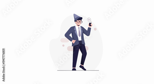 Man in suit, party hat, and glasses holds a mouse with play button