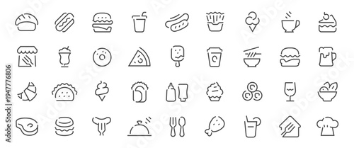 Food line icons set. Restaurant and fast food outline vector symbols collection