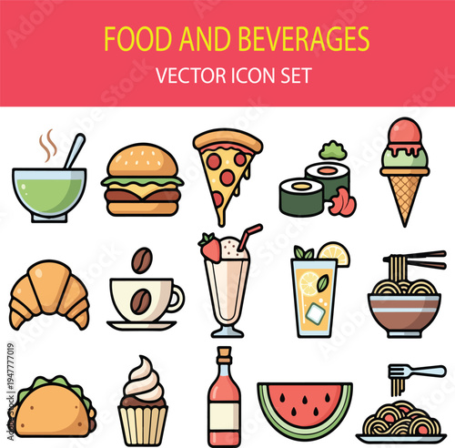 Food and Beverage Vector Icons Set with Coffee, Burger, Pizza, Sushi and Drinks