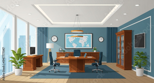 Executive Office Interior Design with Modern Furniture and Blue Accents.