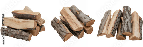 Various wood log piles on white background firewood