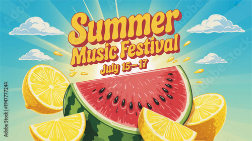 Vibrant summer music festival advertisement with watermelon and citrus fruits against sunny sky background