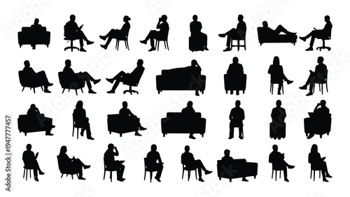 Various silhouettes of people sitting on furniture